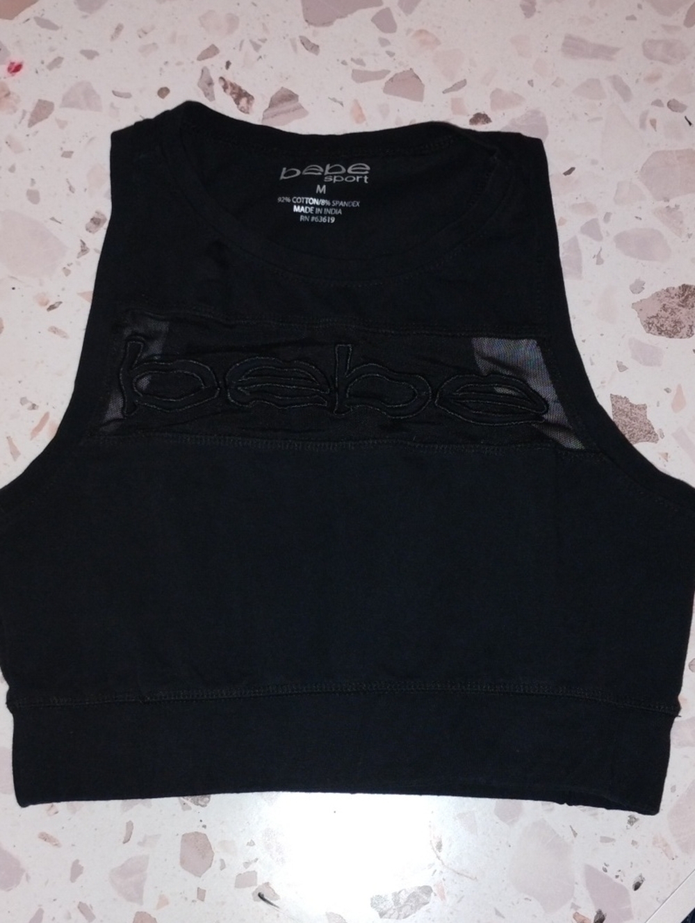 bebe Black Cropped Sport Tank with Logo Mesh